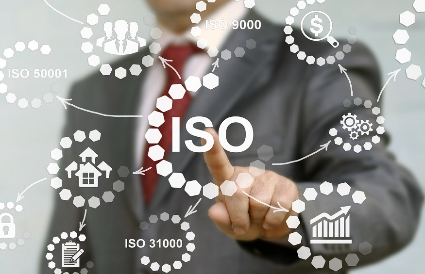 ISO or The International Organization for Standardization concept presented by businessman touching on virtual screen - image element furnished by NASA.